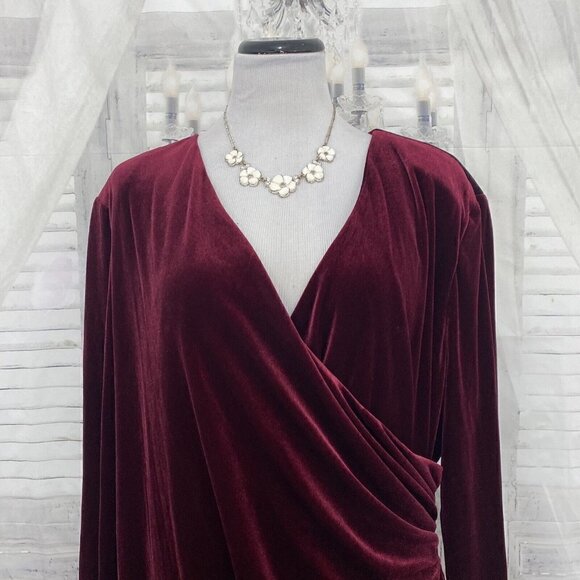 Alex Marie Plus Long Sleeve Mahogany Red Velvet Ruched Faux Wrap Dress Formal - Picture 4 of 11